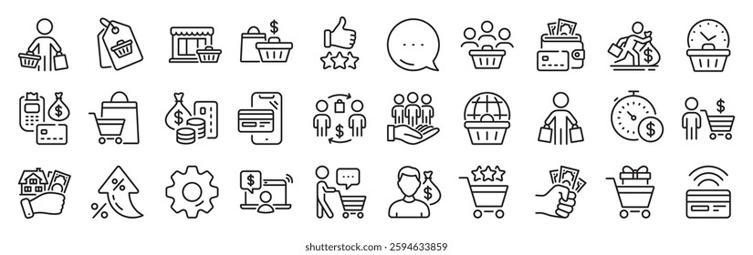 Buyer customer line icons. Settings gear, Message, Inflation icons. Contactless payment card, shopping cart and group of people. Store, buyer loyalty card, client ranking set icons. Vector