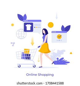 Buyer or customer with trolley full of purchased products or goods. Concept of internet shopping, digital retail, buying goods online, sales and discounts. Creative flat colorful vector illustration.