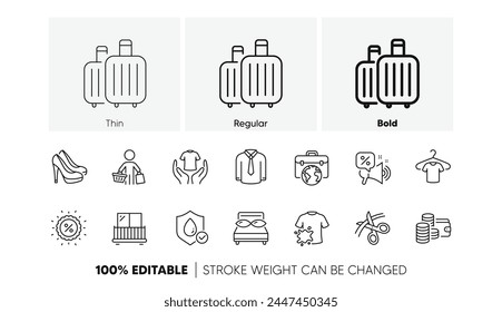 Buyer, Discounts offer and Balcony line icons. Pack of Discount, Hold t-shirt, Waterproof icon. Dirty t-shirt, Baggage, Wallet pictogram. Scissors, Pillows, Shoes. Shirt, Businessman case. Vector