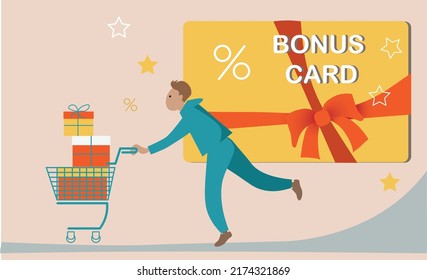 Buyer with gifts and purchases made with a bonus card. Vector illustration, banner.