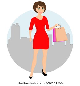 Buyer. Girl with shopping bags from the store. Shopping. Sale. Vector illustration of a flat design.