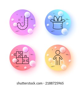 Buyer, Hat-trick and Puzzle game minimal line icons. 3d spheres or balls buttons. Candy icons. For web, application, printing. Shopping customer, Magic hat, Jigsaw combination. Lollypop. Vector