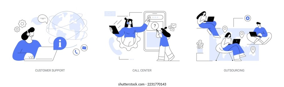 Buyer helpline abstract concept vector illustration set. Customer support, call center, outsourcing service, offshore software development, freelance job, online chat, telemarketing abstract metaphor.