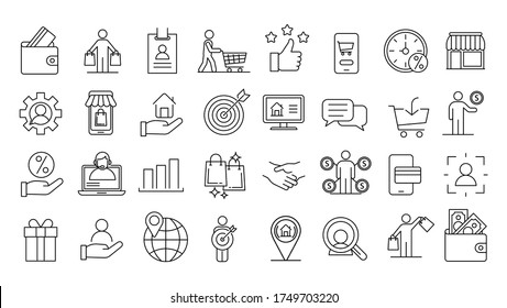 Juego de iconos del comprador. Conjunto de esquemas de iconos vectoriales del comprador para el diseño web aislado en fondo blanco