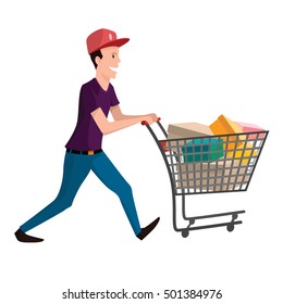 Buyer illustration. Man with shopping cart. Vector character for your design.