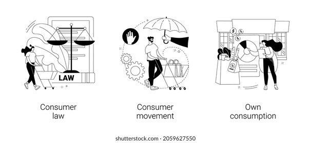 Buyer interests and habits abstract concept vector illustration set. Consumer law and rights protection, household consumption of food and beverages, goods and services, compliance abstract metaphor.