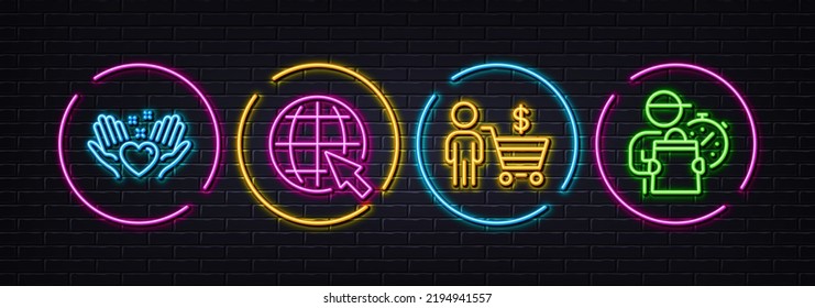 Buyer, Internet and Hold heart minimal line icons. Neon laser 3d lights. Delivery man icons. For web, application, printing. Shopping cart, World web, Friendship. Express courier. Vector