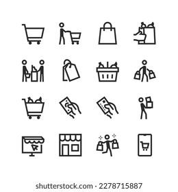 Buyer, linear style icons set. Buying groceries in a store, person with shopping bags. Supermarket, cash register, payment, online grocery ordering, shopping basket and cart. Editable stroke width