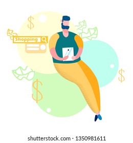 Buyer Making Online Payment Vector Illustration. Man Ordering Goods in Internet Store. Customer Seeking for Discounts. Cartoon Character Choosing Tablet, Device. Guy Testing Smartphone