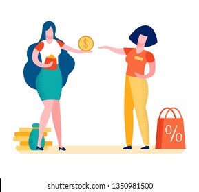 Buyer Making Purchase Cartoon Vector Illustration. Sales Assistant with Badge. Flat Characters Shopping. Red Paper Bag with Goods. Shop Sales. Beneficial Trade. Lady Holding Wallet with Money