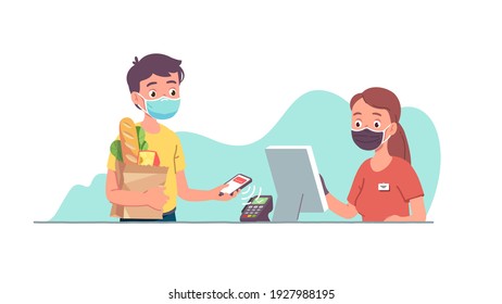 Buyer man in mask buying groceries food at supermarket during coronavirus pandemic. Person paying with NFC phone at cashier checkout counter POS terminal. Wireless payment flat vector illustration