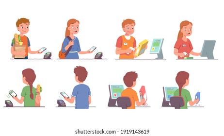 Buyer Men, Women Buying Groceries At Supermarket Set. Person Pay With NFC Mobile Phone At Checkout Counter POS Terminal. Cashier Scanning, Ringing Purchases. Wireless Payment Flat Vector Illustration