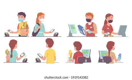 Buyer men, women in masks paying with NFC phone at checkout counter POS terminal during coronavirus pandemic set. Cashier persons scanning, ringing groceries. Wireless payment flat vector illustration
