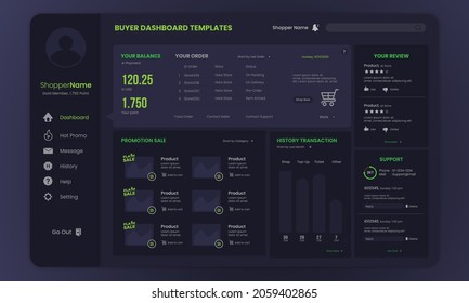 Buyer online shop dashboard design dark mode template