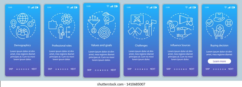 Buyer persona blue gradient onboarding mobile app page screen vector template. Human activity walkthrough website steps with linear illustrations. UX, UI, GUI smartphone interface concept