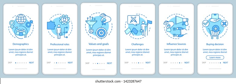 Buyer persona blue onboarding mobile app page screen vector template. Human activity walkthrough website steps with linear illustrations. UX, UI, GUI smartphone interface concept