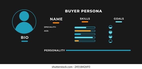 Buyer persona data customer. Investment identification of user with skills and personal data with biography for business vector information