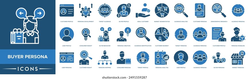 Buyer Persona icon set. Customer Profile, Persona Development, Target Audience, Buyer Profile, Ideal Customer, Market Segmentation, Audience Analysis and Customer Persona