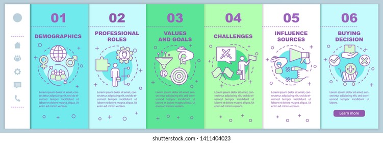 Buyer persona  onboarding mobile web pages vector template. Responsive smartphone website interface idea with linear illustrations. Webpage walkthrough step screens. Color concept 