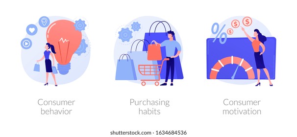 Buyer persona and purchase decision process. Customer buying, shopping habits. Consumer behavior, purchasing habits, consumer motivation metaphors. Vector isolated concept metaphor illustrations.