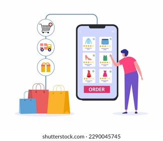 Buyer picked goods, add to cart, paid for mobile banking and customer delivery with free rewards, shopping online in steps for banner.