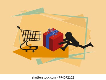 The buyer with the purchases runs to the shopping cart. Abstract concept for your project. Vector Illustration