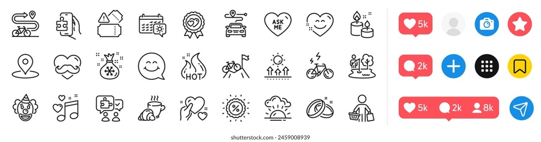 Buyer, Puzzle game and E-bike line icons pack. Social media icons. Father day, Smile chat, Fishing place web icon. Clown, Aroma candle, Love music pictogram. Coffee break, Love award, Discount. Vector