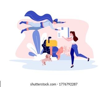 A buyer receive their package that shipped by courier. She really happy the courier can ship package with quick and fast like superman. Happy shopping. Vector illustration with pastel color. 