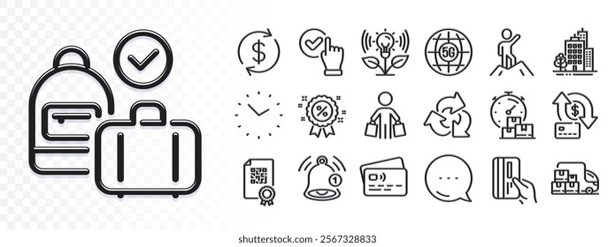 Buyer, Reminder and Carry-on baggage line icons for web app. Glare of light effect. Message icon. Pack of Leadership, Buildings, Money transfer pictogram icons. Vector