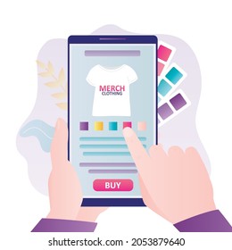 Buyer selects merch on shop website. Online store offers merchandising in different colors. Hand holds smartphone with e-store on screen. Concept of e-commerce and shopping. Flat vector illustration