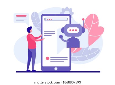 Buyer selects product using web bot application concept. Male character reads list online services in smartphone offered to by chatbot program. Successful assistant in internet commerce