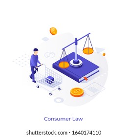 Buyer with shopping cart, book, scale and dollar coins. Concept of consumer law, legal or government regulation of retail trade, rights of customer. Modern colorful isometric vector illustration.