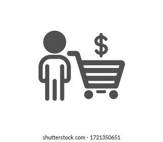 Buyer with shopping cart icon. Customer sign. Supermarket client symbol. Classic flat style. Quality design element. Simple buyer icon. Vector