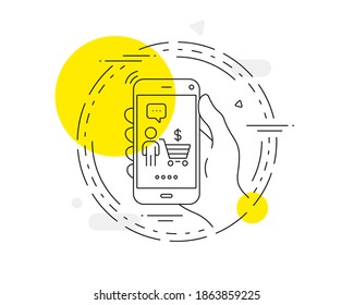 Buyer with shopping cart line icon. Mobile phone vector button. Customer sign. Supermarket client symbol. Buyer line icon. Abstract concept badge. Vector