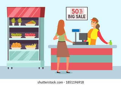 Buyer is shopping in the grocery store with purchases. Supermarket sales and discounts concept. Shopping woman pays by card and buys food. Female character goes to the checkout. Cashier stacks goods