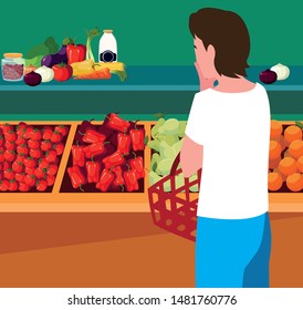 buyer with showcase wooden store with vegetables