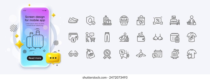 Buyer, Travel delay and Wallet line icons for web app. Phone mockup gradient screen. Pack of Discounts ribbon, Sale bags, Discounts offer pictogram icons. Vector