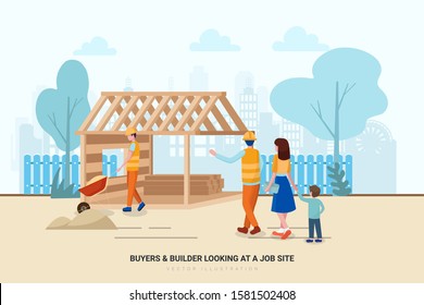 Buyers & builder looking at a job site. Create a unique illustration for a website, application, or presentation