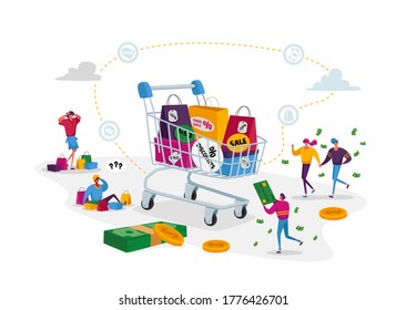 Buyers Characters at Seasonal Sale or Discount. Cheerful Tiny Shopaholic People around Huge Trolley with Purchases and Gifts. Happy Men Women with Packages, Shopping Fun. Cartoon Vector Illustration