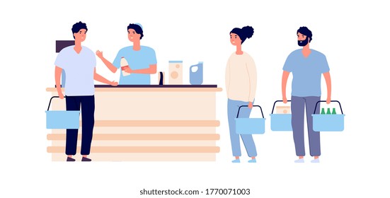 Buyers at checkout. People crowd queue with shopping carts. Flat grocery store and shoppers, male female vector characters