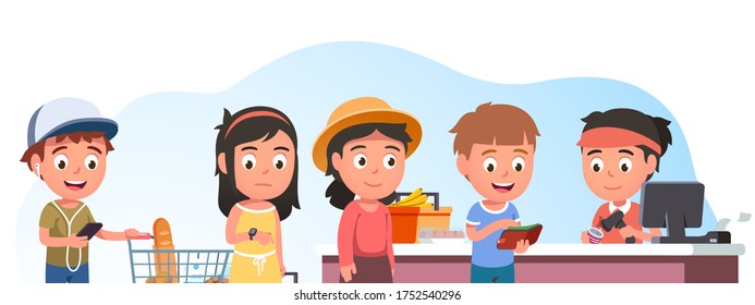 Buyers children buying food in supermarket. Happy shoppers people standing in line & paying for purchases at checkout counter. Grocery shop cashier scanning groceries. Flat style vector illustration