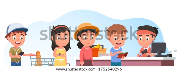 Buyers Children Buying Food Supermarket Happy Stock Vector (Royalty ...