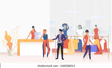 Buyers choosing and buying clothes in shop. Fashion outlet, boutique concept. Vector illustration can be used for topics like business, shopping, sale