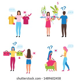 Buyers choosing goods flat vector illustrations set. Shop assistant showing goods to customers cartoon characters. Merchandise, shopping in shoe boutique, handbag showroom and clothing store