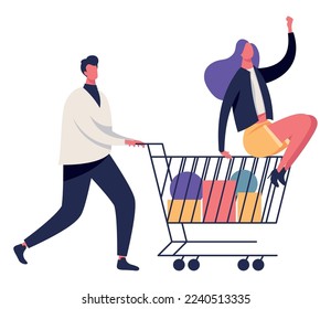 buyers couple with shopping cart characters