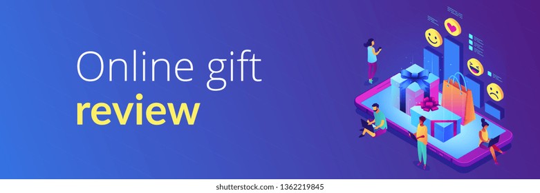 Buyers with digital devices choose and rate gifts online and presents on smartphone. Online gift review, customer review, best gift offer concept. Isometric 3D banner header template copy space.