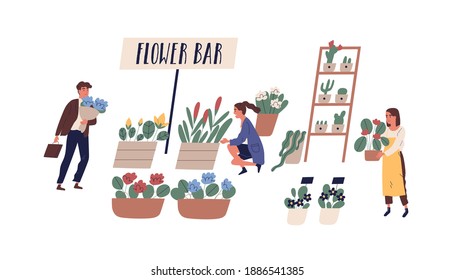 Buyers and florist at outdoor flower bar, fair or market vector flat illustration. People selling, buying and carrying bouquets and potted plants isolated. Street shop with houseplants and cut flowers