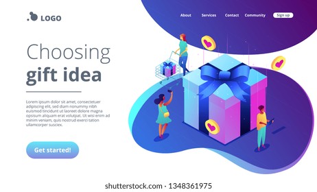 Buyers With Gadgets At Huge Gift Box Choose Best Presents To Buy Online. Online Mobile Catalog, Choosing Gift Idea, Gift Finder Application Concept. Isometric 3D Website App Landing Web Page Template