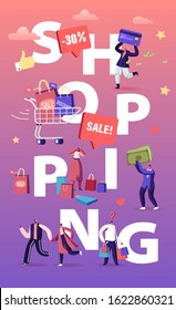 Buyers Have Shopping Fun Concept. Seasonal Sale with Discount Coupons. Cheerful Shopaholic People with Trolley Full of Purchase and Gifts Poster Banner Flyer Brochure. Cartoon Flat Vector Illustration