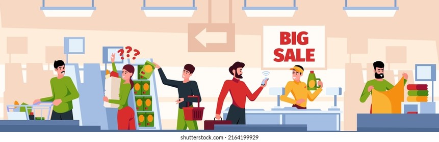 Buyers in market. People shopping products in retail store garish vector cartoon background illustration